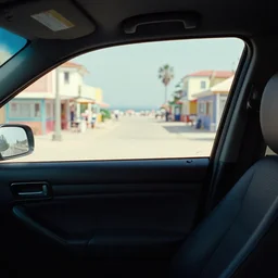 fuji 5 0 r ; 3 5 mm ronin film still of car interior with front seat side window view with ; in the background projection of beautiful hyperrealistic tilt shift style film still from ronin ( 1 9 9 0 ) beach promenade scene directed by wes anderson, highly detailed, cinematic lighting, 8 k