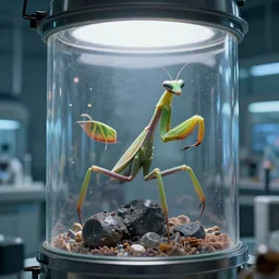 a highly detailed mantis - like creature inside!!!! a bioreactor! in a biotech lab, from love death and robots ( 2 0 1 9 ). coherent portrait, intricate, elegant, suspense environment, digital photo, trending on artstation, hdr photo, smooth, sharp focus