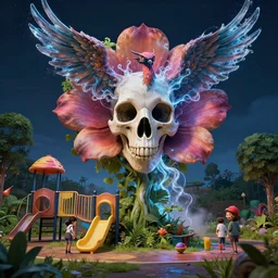 by wesley burt and basil gogos, visually stunning, cinematic, ultra realistic, hyper realism, 1 2 k, epic, octane render, unreal engine, vfx, maya, jellyfish face skull phoenix bird : smoke and water energy flow, giant flower as head : a post - apocalyptic kid's playground at night covered by nature