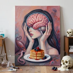 woman holding an electronic brain from inside a painting, organic, feminine, sensual, a portrait in a female art student's apartment, pancakes, berries, octopus, surgical supplies, skull, scientific glassware, art materials, candle dripping white wax, berry juice drips, neo - expressionism, surrealism, acrylic and spray paint and oilstick on canvas