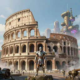 futuristic colosseum in rome, steampunk neon city in the background, armored gladiator in front of it, futuristic, matte painting, high detail, steam, dreamy, natural light, asymmetric composition, variation in composition, artstation, by hayao miyazaki