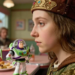 closeup profile medieval jan van eyck face portrait of tin toy greta thunbergs as buzz lightyear in a 1 9 5 0 s diner, nicoletta ceccoli, mark ryden, lostfish, max fleischer, depth of field, detailed and intricate environment, 8 k resolution, hyperrealistic, octane render