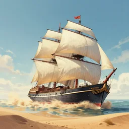clipper ship sailing through an ocean of sand, illustration, fantasy novel cover art