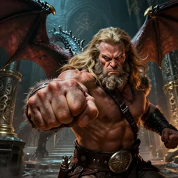 closeup Photo of Conan the Barbarian punching a dragon in a dark souls dungeon, rim lighting, octane, Frank frazetta, Edgar Rice Burroughs,