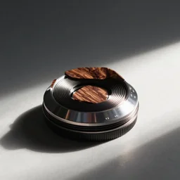 camera lens aperture blades made of walnut wood. minimal. dramatic lighting.