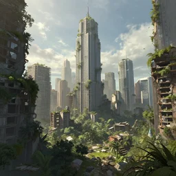 A ruined city with skyscrapers that is slowly being taken over by vegetation by Noah Bradley, matte painting, Trending on artstation, DSLR