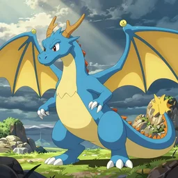 a cartoon of a blue and yellow dragon, concept art by Ken Sugimori, featured on deviantart, furry art, furaffinity, deviantart hd, flat shading, flat colors, commission for