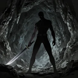 a dark humanoid creature holding a blade, anime art, a vast, dark cave