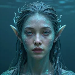 a centered portrait of an single lonely female water elemental, elegant, focus, detailed, realistic eyes, horizontal partial symmetry features proportions, intricate facial skin details, award winning, trending in cgsociety artstation deviant art