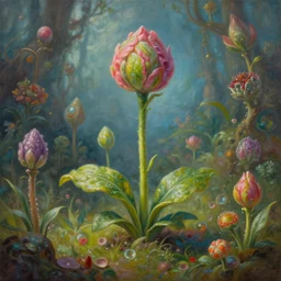 a beautiful painting plant sprouts in a fantasy world full of interesting buds fictional and gorgeous, 8 k resolution, highly detailed, hdr, artwork