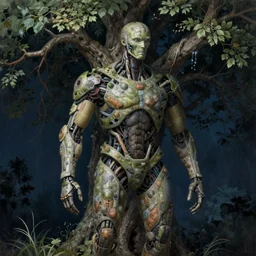 humanoid tree, extreme fine detail background, night, highly detailed, high quality, digital painting, hyperrealistic, by nicola samori and wayne barlowe