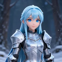 portrait focus of knight beautiful 3D anime girl, ice armor wearing, dark forest background, snowing, bokeh, inspired by Masami Kurumada, digital painting, high contrast, unreal engine render, volumetric lighting, high détail