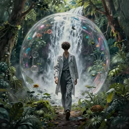 hyperrealist painting of a skinny grey scientist walking out of a bubble in the sky in a waterfall from howl's moving castle ( 2 0 0 4 ) jungle. moody, misty, depth perception.