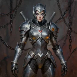 full figure, painting of tracer from overwatch, in style of zdzisław beksinski, horror, 4 k, feminine facial features, full armor, full armor, detailed face, tall, dark ropes and chains in background
