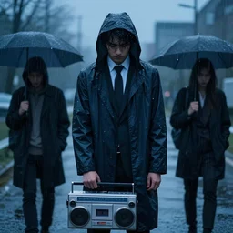 say anything'boombox scene, guy dressed in a raincoat suit, heavy rain, cassette player, sadpeople aesthetic, blue hour