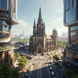 futuristic neo - gothic berlin with church, train station, square, alley, highways, trees, day, volumetric light, hyperdetailed, artstation, cgsociety, 8 k