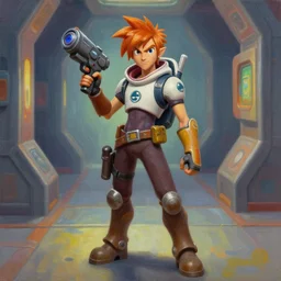 full body oil painting of the character tracer holding a portal gun standing in a portal 2 test chamber, valve,