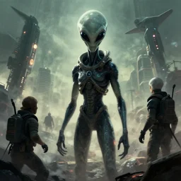 illustration of an alien invasion, futuristic, realism, cinematic, film, 1 2 8 k by mandy jurgens