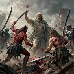 a very high resolution image of the aftermath of a very bloody battle between the devil and god