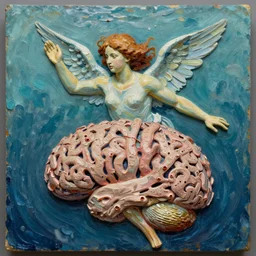 angel under water, 3d high relief coral brain painted in the style of the old masters, painterly, thick heavy impasto, expressive impressionist style, painted with a palette knife