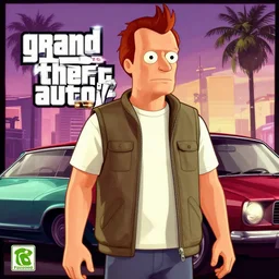 Phillip J. Fry (Futurama) in Grand Theft Auto 5 cover art, epic, 4k resolution, extremely detailed, very sharp, artstation, digital art, vibrant,