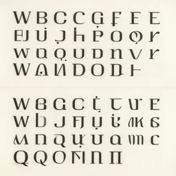 two rows of ideogram alien alphabet letters neatly printed on off white paper, wim crouwel