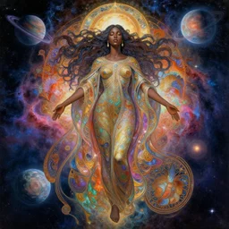 highly detailed digital painting of a black female celestial being experiencing nirvana in space, colorful nebulas and planets in the background, highly detailed, intricate design, cinematic view,  8k resolution,  artstation,   by Akihiko Yoshida, Alphonse Mucha, and Moebius