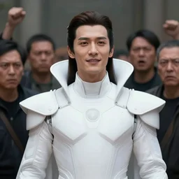 portrait of a regal prince in futuristic white clothes, high collar, sharp cheekbones, hopeful expression, surrounded by a crowd of furious people, matte painting, digital art