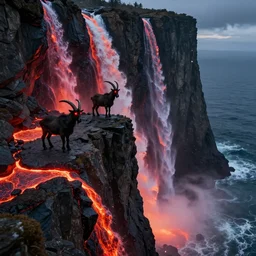 satanic mountain goats with glowing red eyes on a sheer obsidian cliffside with lavaflow, lava waterfalls, photorealistic landscape render, octane render, vray, pools of lava, beautiful, ambient occlusion, particle effects, breaking ocean waves, light bloom, rtx