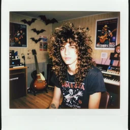 double exposure instax polaroid film photo of bats and a pretty punk rock young man with messy very long curly dark brown hair and a band tee painting in a vintage 80s artist studio interior, old wood floors, musical instruments and band posters, messy maximalist interior, warm, nostalgia, faded glow, expired film analog photography, grainy texturized dusty, saturated colorized