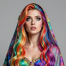 studio portrait of neutral good rainbow colorful female cleric bard healer as absurdly beautiful, elegant, realistic young gravure idol looking up, an ultrafine hyperdetailed illustration by irakli nadar, intricate linework, detailed symmetrical faces, super sharp focus, bright colors, octopath traveler, unreal engine 5 highly rendered, global illumination, radiant light