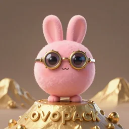 shaggy round pink rabbit with steampunk glasses, standing in the top of the mountain, headshot, art by ovopack, tatsuro kiuchi, yoji shinkawa, cute, cartoon, 3 d art, 8 k, c 4 d, unreal engine, fantasy, gold color scheme, perfect lighting, smooth, digital art, concept art, trending on artstation