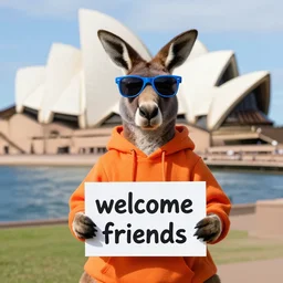 a portrait photo of a kangaroo wearing an orange hoodie and blue sunglasses in front of the sydney opera house holding a sign on the chest that says welcome friends, subject : kangaroo, subject detail : wearing orange hoodie, wearing blue sunglasses, subject action : holding sign