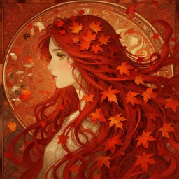 a girl with super long hair, hair becoming autumn red leaves, intricate, digital painting, artstation, concept art, smooth, sharp focus, illustration, 8 k, art by artgerm and greg rutkowski and alphonse mucha