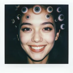 eyes peering from inside mouth. portrait of a smiling woman with no teeth. many eyes. hq photo, surreal, harsh lighting. polaroid type 6 0 0. fear. unnerving. menacing. supernatural