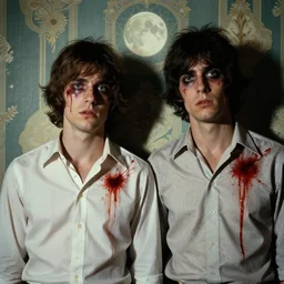 two beautiful but sinister young men wearing oxford shirts in layers of fear, with haunted eyes and wild hair, 1 9 7 0 s, seventies, wallpaper, a lot of blood, moonlight showing injuries, delicate embellishments, painterly, offset printing technique, by brom, robert henri, walter popp