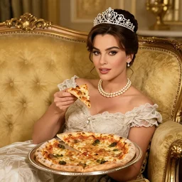 high quality photo of young queen sophia loren having pizza served on a silver platter, relaxed pose on antique luxury sofa, intricate ornamented tiara, opulent pearl necklace, laced dress, golden lighting, golden ratio, sharp focus, masterpiece, royal photo