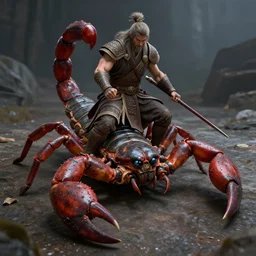 warrior riding a scorpion while the scorpion attacks his ops, fantasy art, concept art, character design, unreal engine 5, ultra detailed, cinematic, dramatic lighting