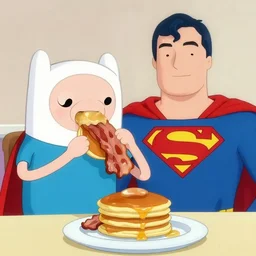 painting of Jake from adventure time versus superman from DC universe, Jake is eating bacon pancakes, adventure time vs DC, hand to hand combat, by senior character artist, concept art, digital art, cartoony