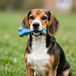 “black and tan coloured beagle holding a blue bone in its mouth, fine art, vivid, high quality”