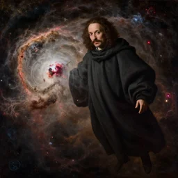 a closeup portrait of a cloaked gary busey floating next to an eel nebula, eel nebula, early netherlandish painting