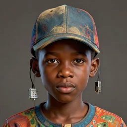 colourful caricature - vfx art - portrait of a nigerian boy wearing a baseball cap with wires and computer chips dangling from inside, art style by utagawa kunisada, character concept art, unreal engine render, digital illustration, sharp, intricate detail, volumetric light, ray tracing, soft light, symmetric, pinterest, artstation, behance,