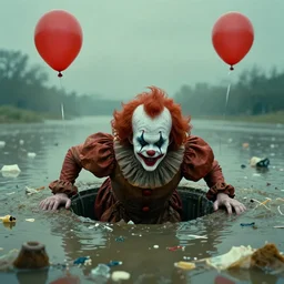 horror photograph of clown from it trying to crawl out of a flooded sewer drain with trash and debris floating in dirty water, red balloon floats away in the sky, stephen king movie scene