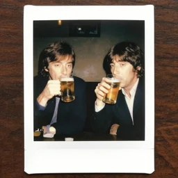 Paul Mccartney and old John Lennon drinking beer at a dirty pub, 1990s, polaroid