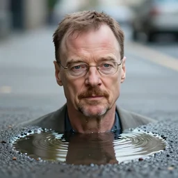 walter white as a puddle of water on a street, close up