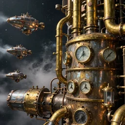 steampowered spaceships armada in space. Brass pipes and weathered metal. Dials and steam, water tanks. Ultradetailed concept