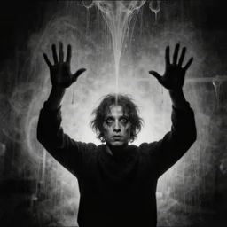 bluegreen goop photograph a creepy, ghostly photo of a black and white man with his hands in the air by reuben nakian, zbrush central contest winner, gutai group, ambient occlusion, demonic photograph, velvia