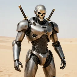 combat android, gun for a head, katana arms, skeletal face, military prototype, photography, desert