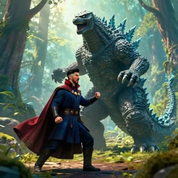 dr. strange fights big monsters godzilla in the forest, cg, monet
