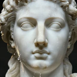 close up of face of marble sculpture, splashed with water, official versace editorial, highly detailed